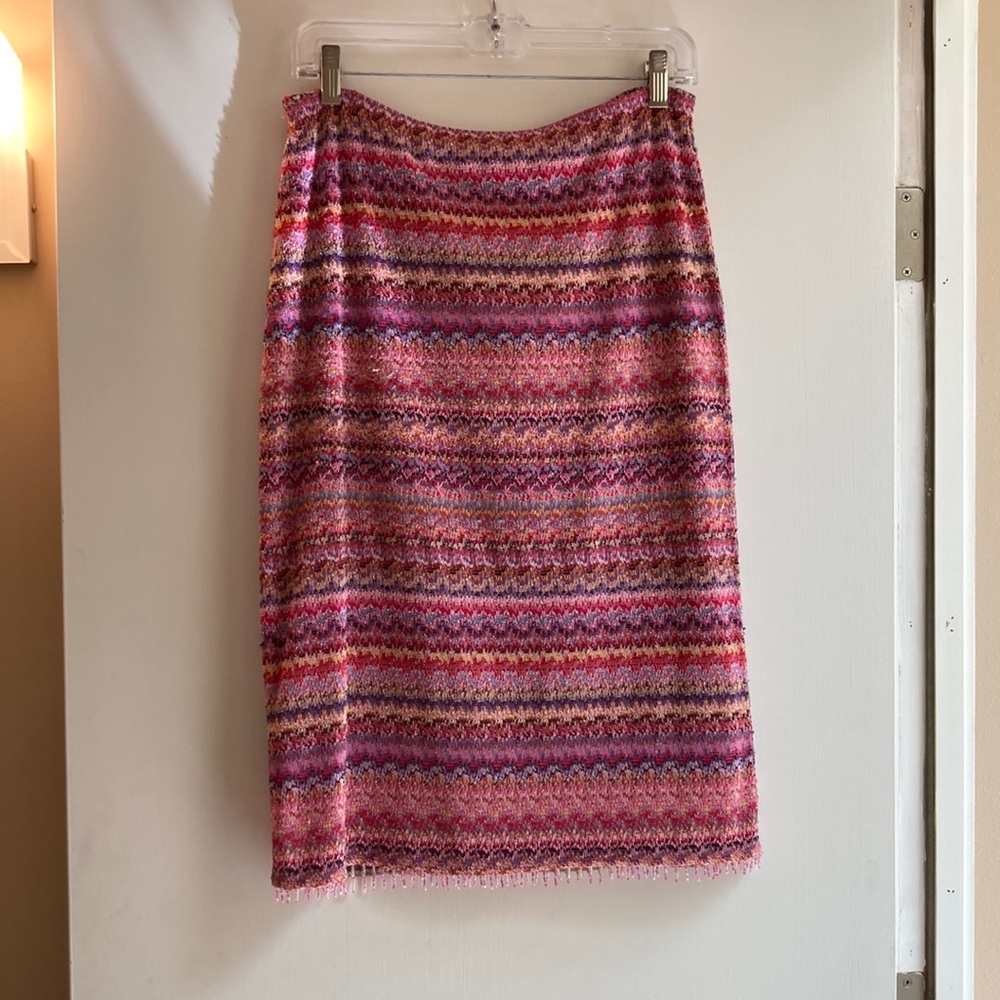 Boho knit skirt, with lining, elastic waist and beads at hemline. Multi color.